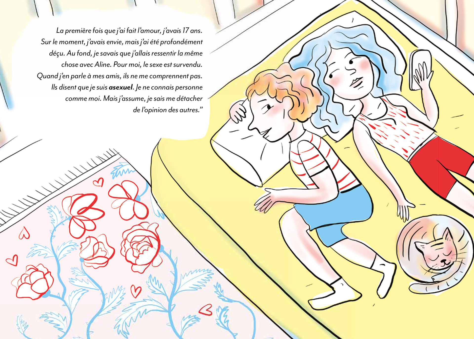 viv(r)e l'amour_ACTES SUD_INT-8_DP_Nathalie_Desforges_Emma_Roulin j'ai dessiné un garçon et une fille dans un lit avec un chat