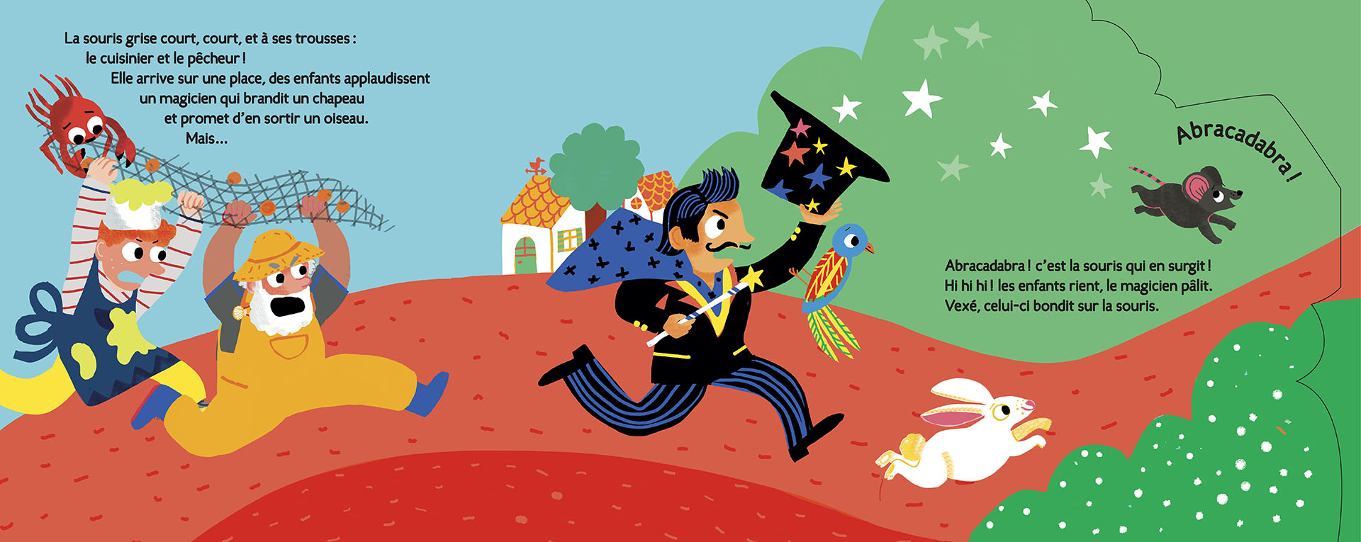 INTER SOURIS VERTE-5 magicien avec enfants sur double page ouverte