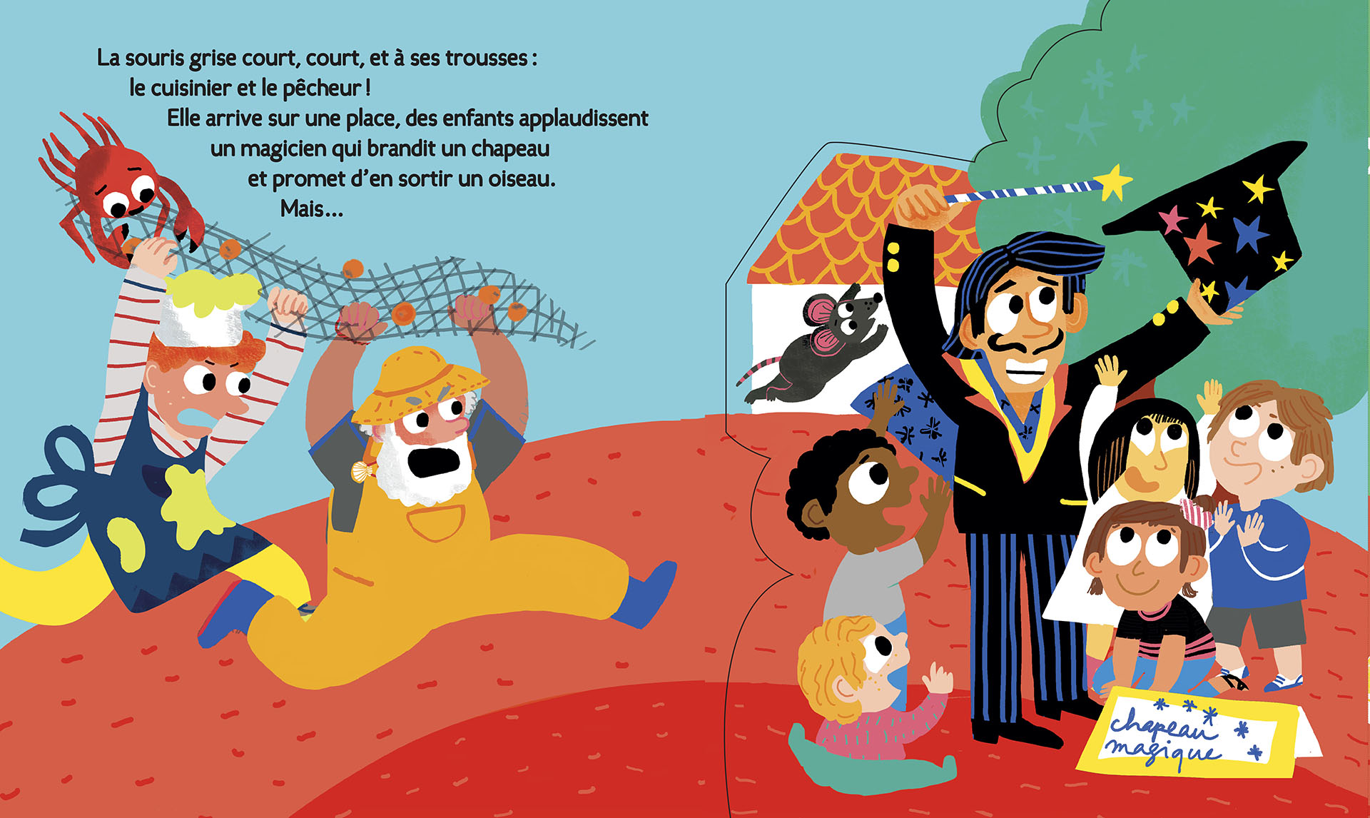 INTER SOURIS VERTE-5_BIS magicien avec enfants sur double page fermée